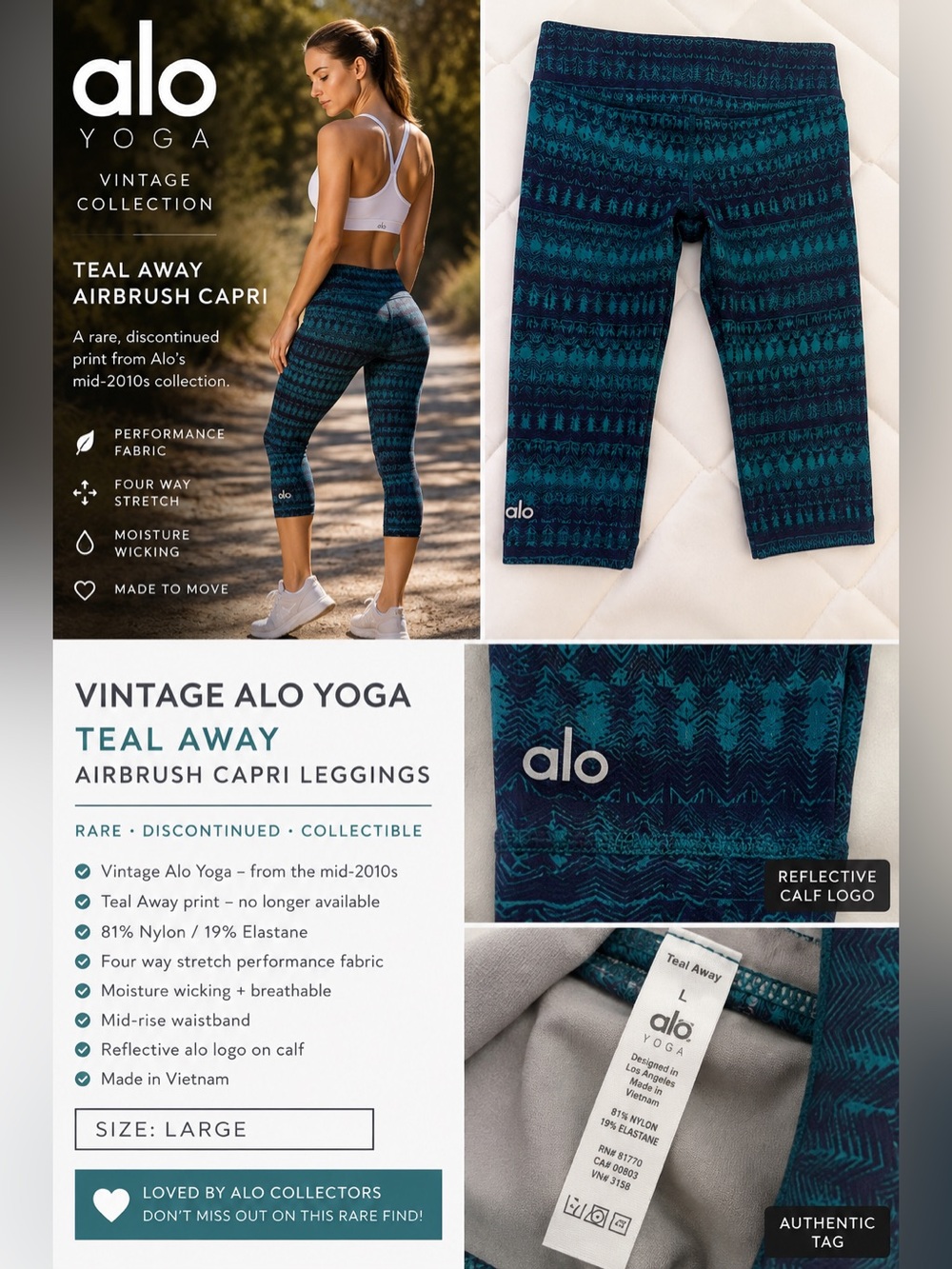 ✨ Vintage | Alo | Yoga | Teal Away | Airbrush Capri Leggings | Large